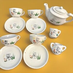 Vintage Miniature Ceramic Child's Tea Set Kitty Cat Graphics Made in Japan 11pc
